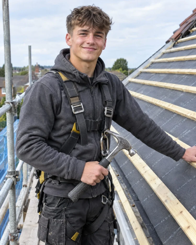 Junger Dachdecker-Azubi mit Hammer auf dem Gerüst