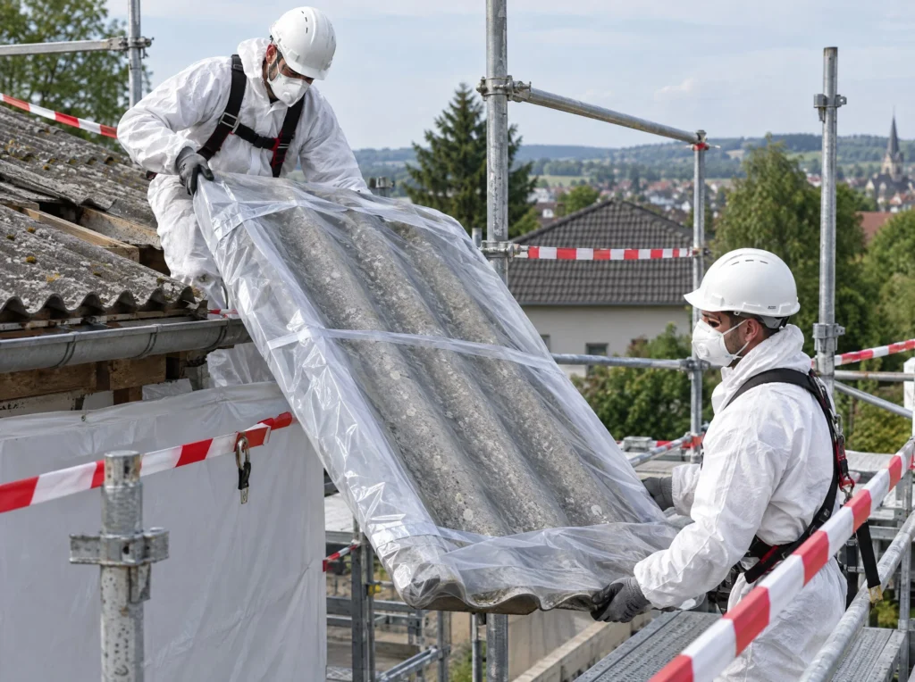 Fachgerechte Asbestsanierung: Arbeiter in Schutzanzügen bauen eine alte Faserzementplatte aus