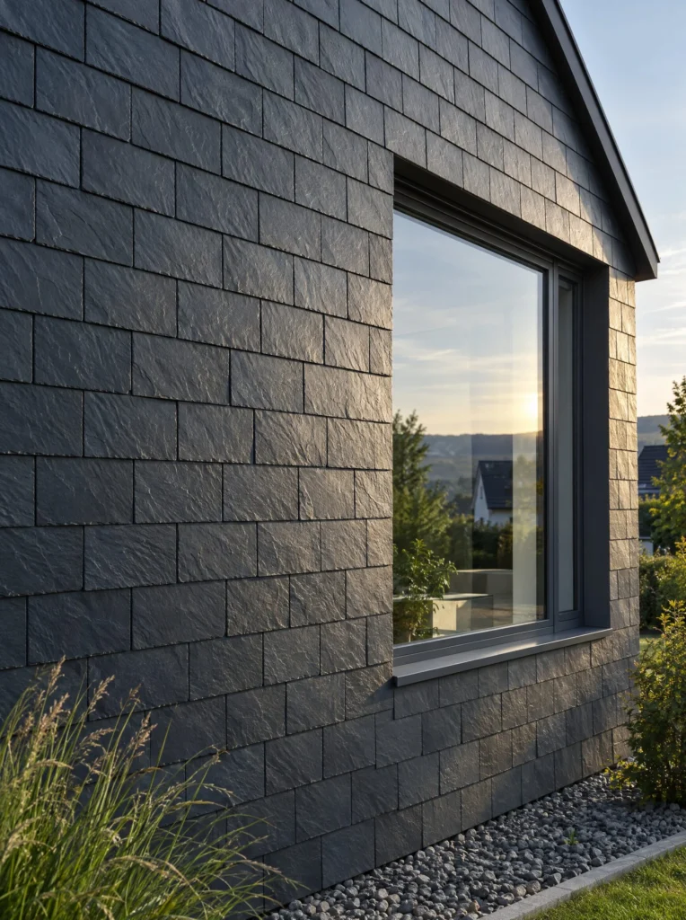 Fassade mit Schieferbekleidung neben einem großen Fenster