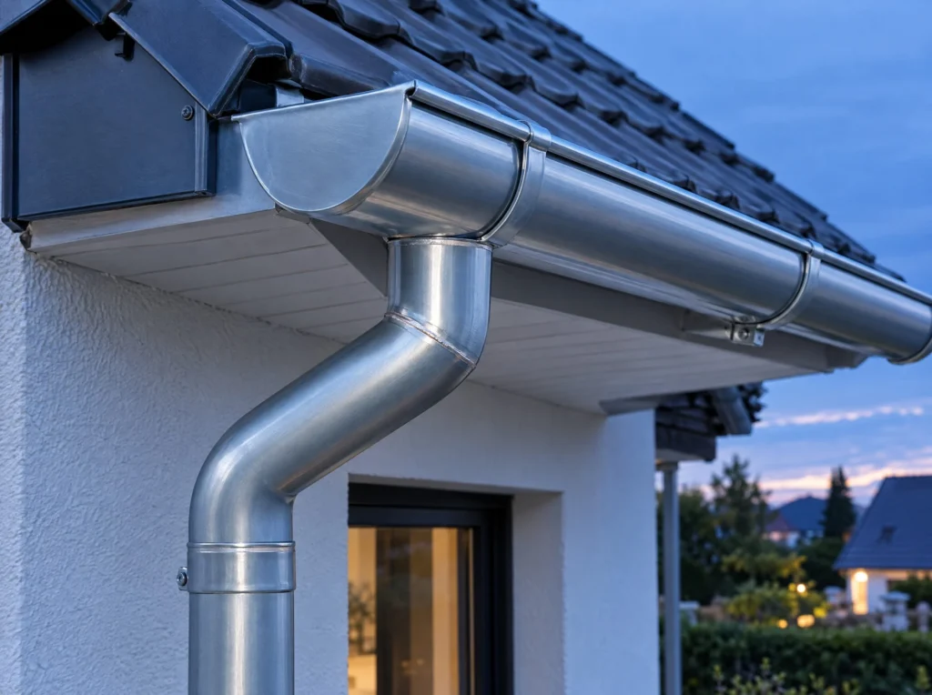 Neue Dachrinne aus Titanzink mit gelötetem Fallrohrbogen