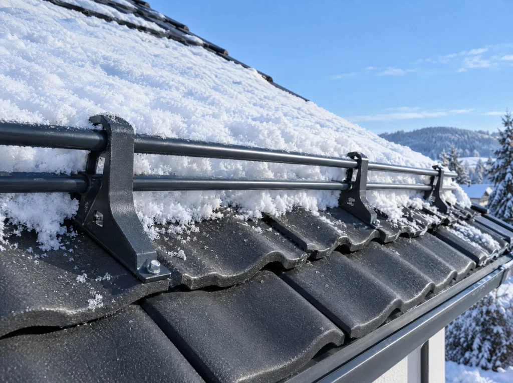 Schneefanggitter auf einem verschneiten Ziegeldach