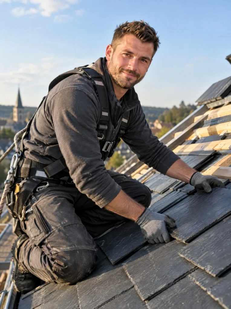 Dachdecker verlegt Schieferplatten auf einem Steildach
