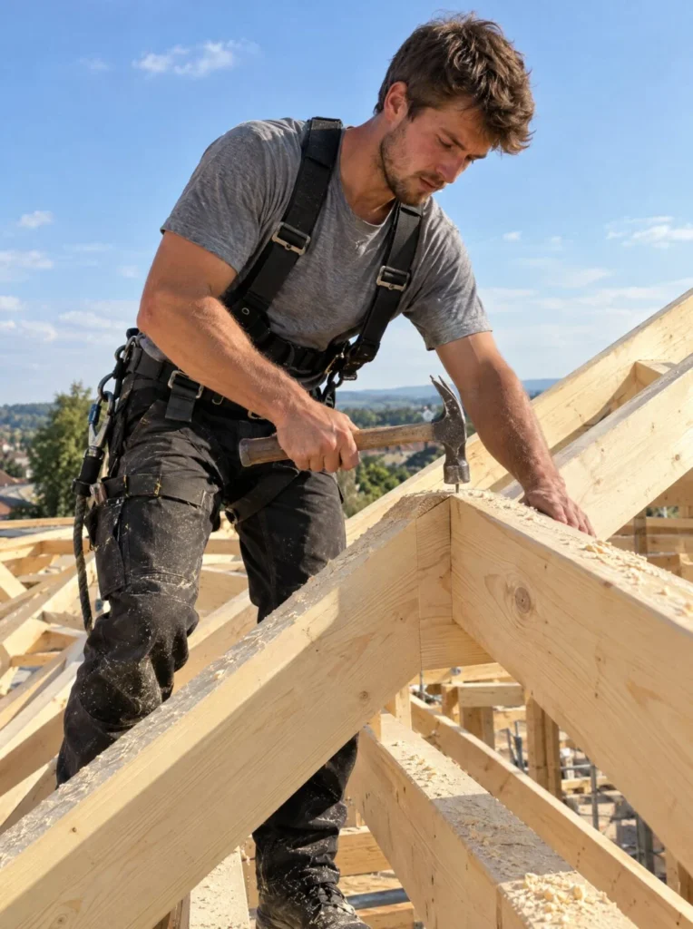 Zimmerer montiert einen Holzbalken im neuen Dachstuhl