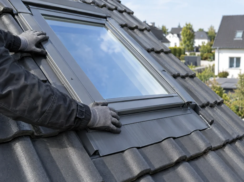 Dachdecker setzt ein neues Dachfenster mit Eindeckrahmen in ein Ziegeldach ein